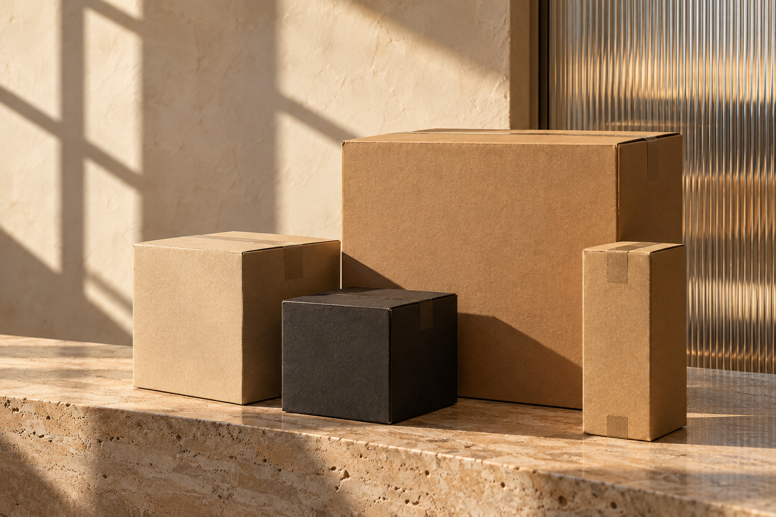 Editorial still life of unbranded shipping boxes in natural tones